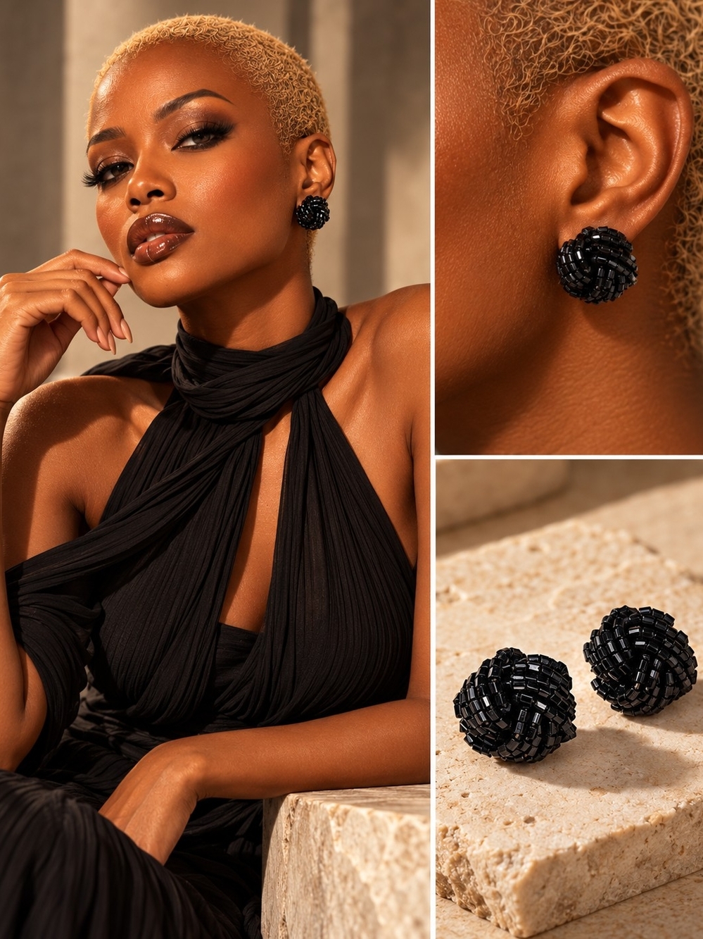 Elegant Black Beaded Dome Stud Earrings